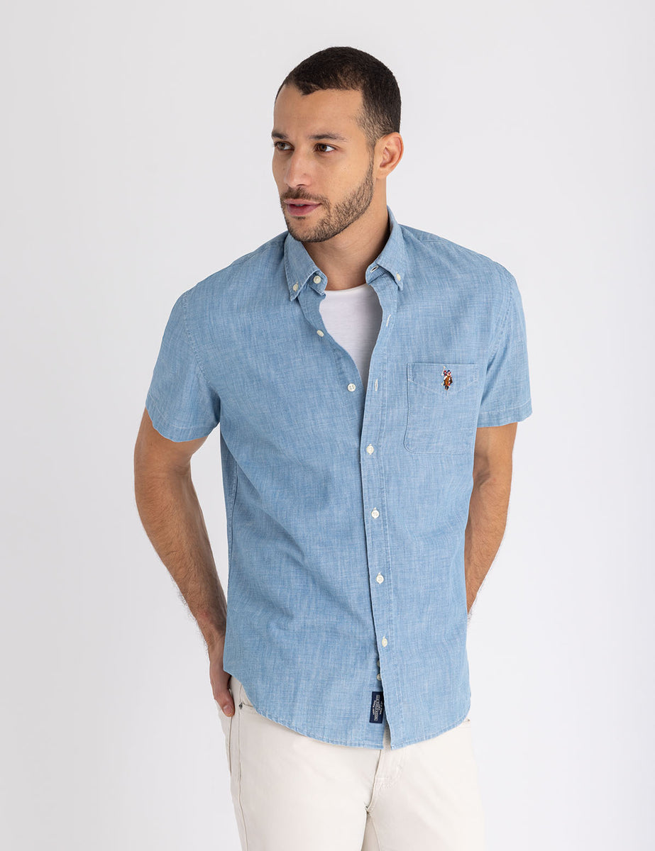 SHORT SLEEVE INDIGO CHAMBRAY SHIRT WITH POCKET–