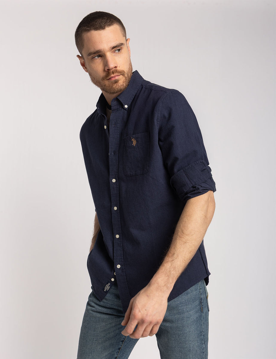 green emerald velvet dress LONG SLEEVE SOFT LINEN BLEND SHIRT– U.S. Polo Assn