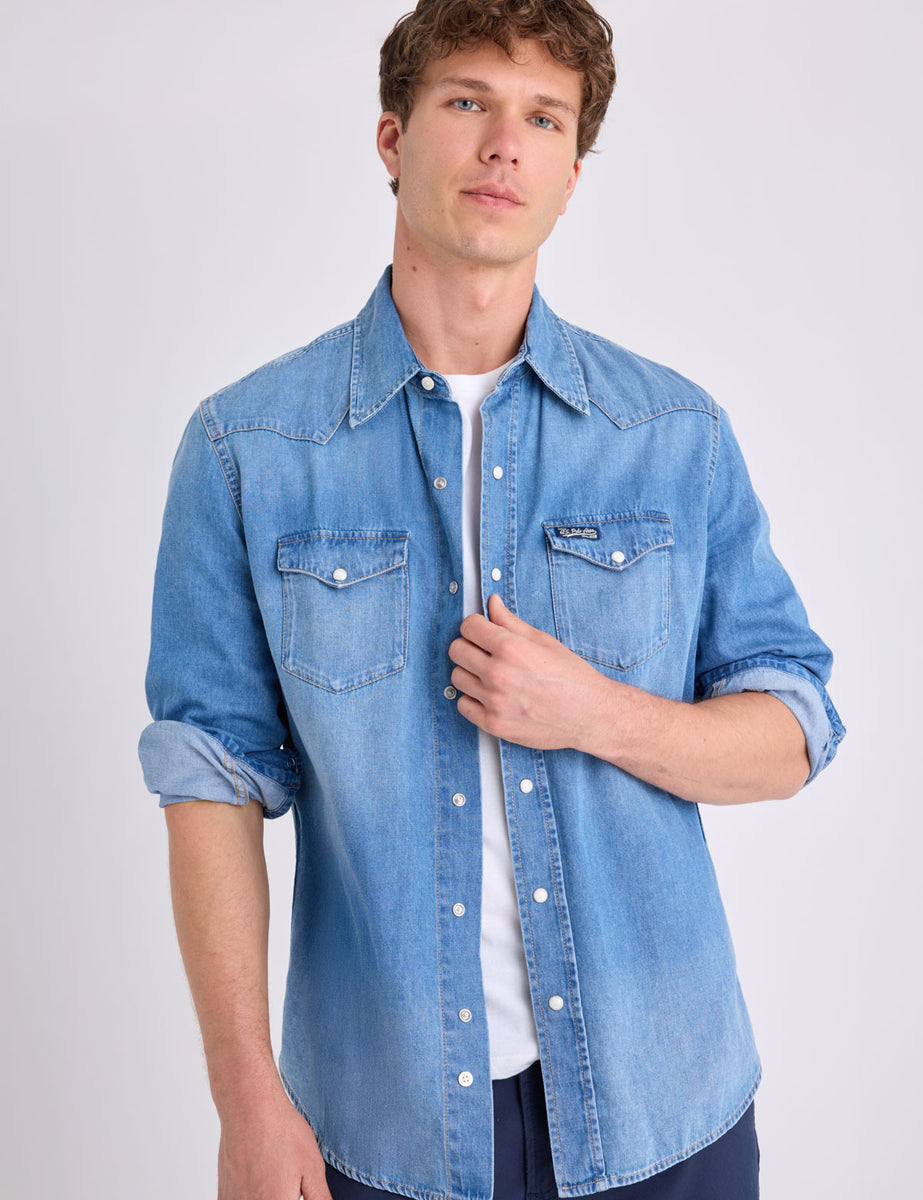 polo denim dress shirt LONG Sleeve Western Denim Shirt MEDIUM WASH / XL