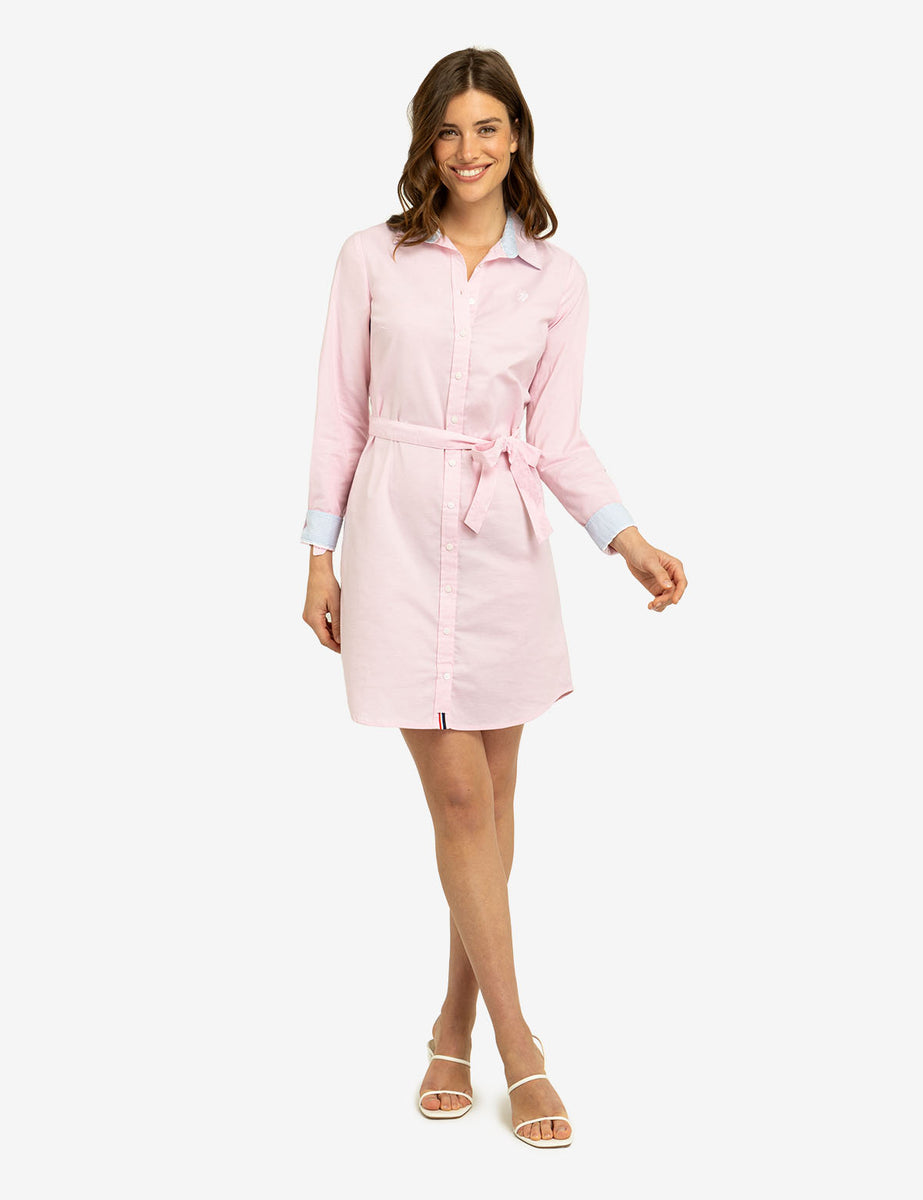 us polo assn shirt dress US Polo Assn Pink Oxford Shirt Dress Womens Sz M Button Front Long Sleeve Preppy