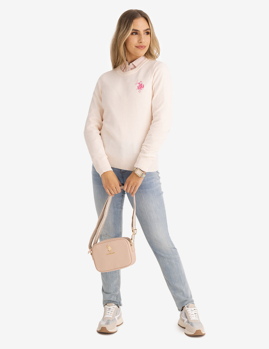 Crew neck pullover with pockets and logo