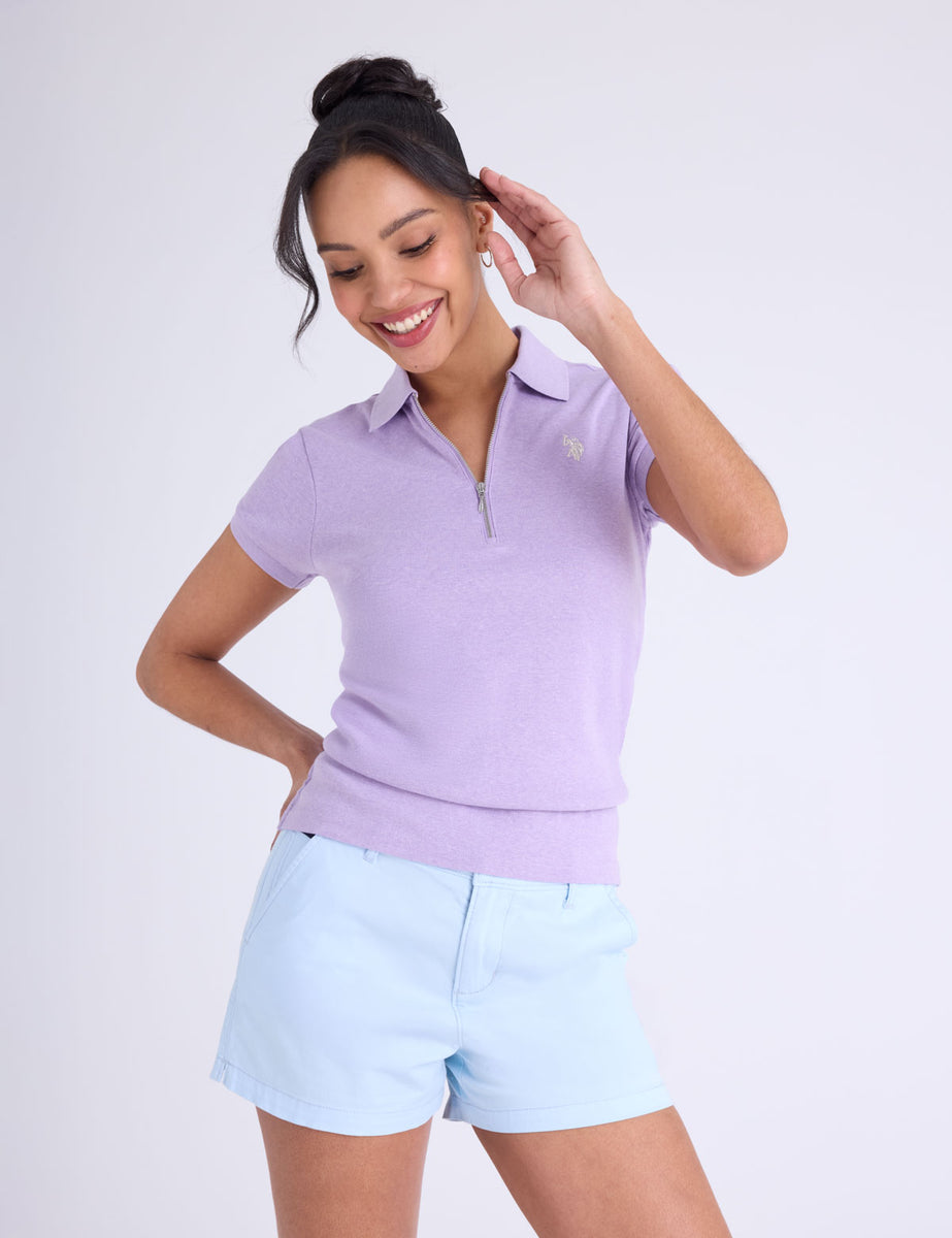 HALF ZIP PUFF SLEEVE HEATHER POLO SHIRT– U.S. Polo Assn.
