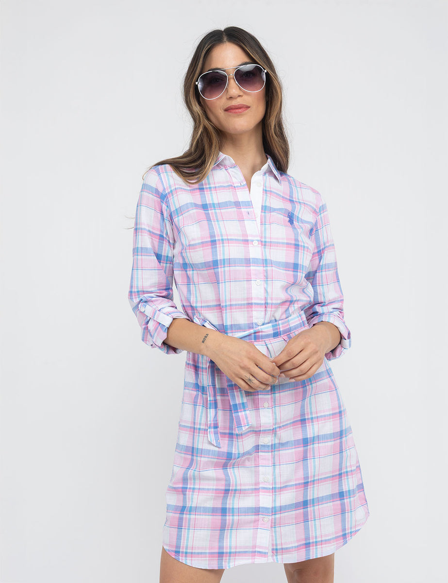 long sleeve plaid shirt dress Plaid Tie Waist Long Sleeve Dress Navy / L