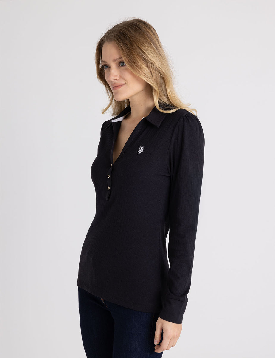 Women Yellow Rib Polo Neck Full Sleeves Top
