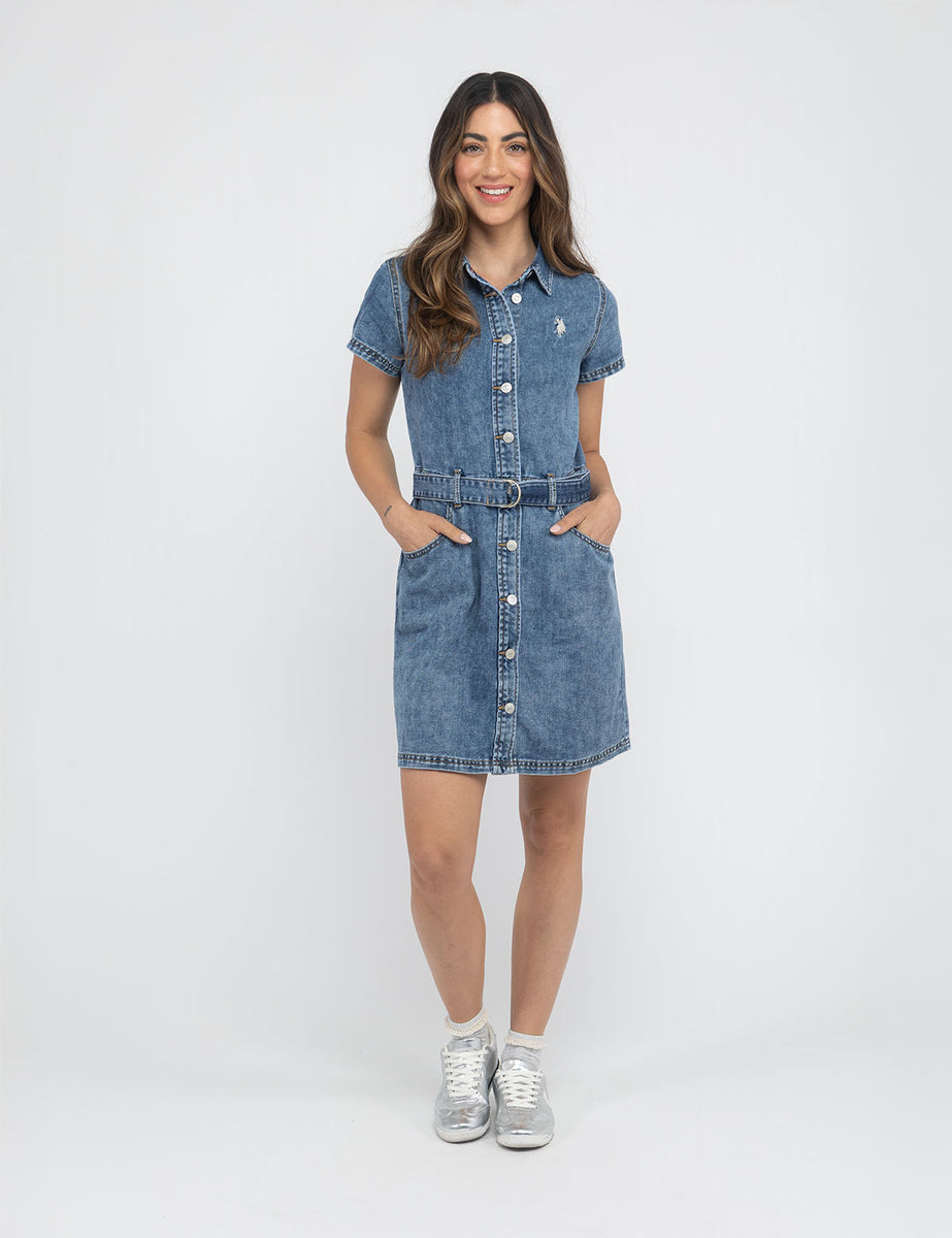 SHORT SLEEVE BELTED DENIM DRESS SHORT SLEEVE BELTED DENIM DRESS