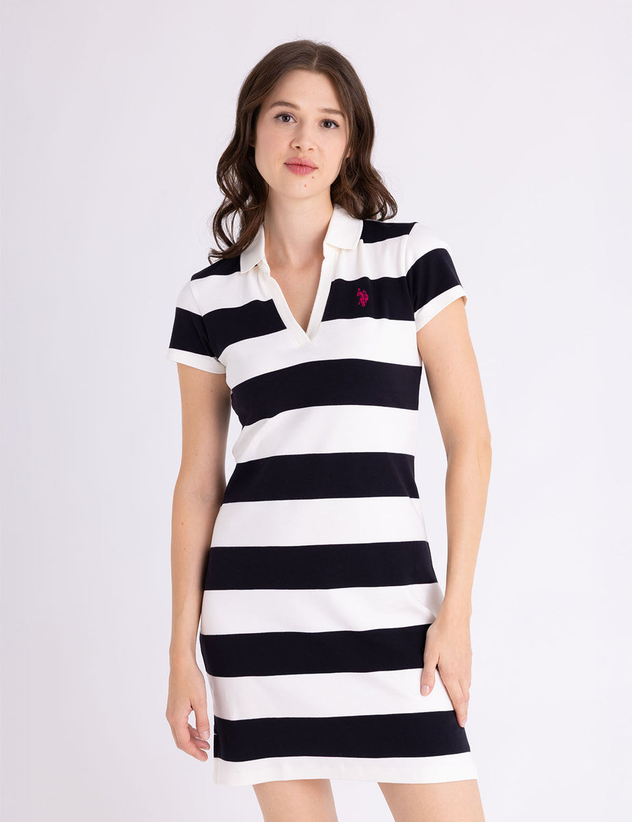 ladies polo style dress Y-Placket Rugby Stripe SLIM FIT Black / S Size:5