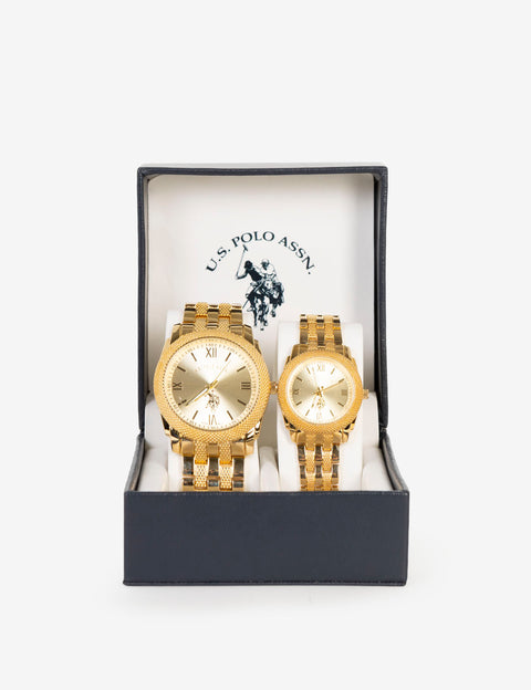 HIS AND HERS GOLD LINK WATCH SET - U.S. Polo Assn.