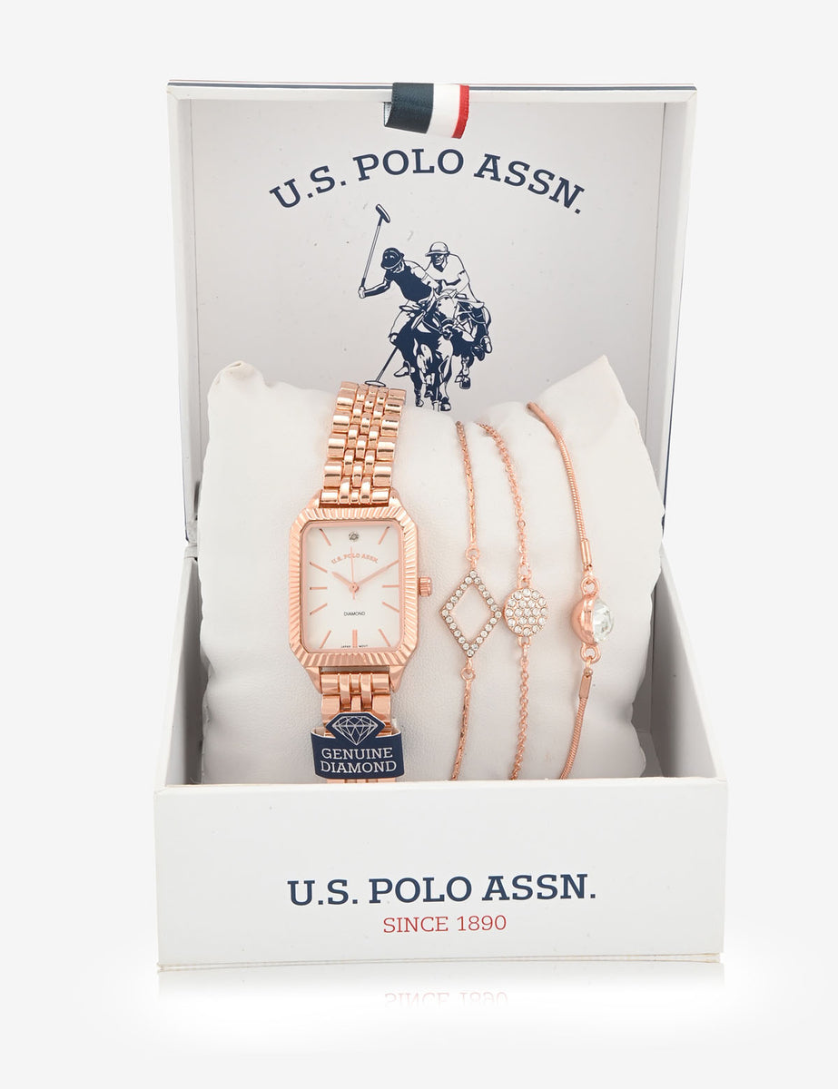 LADIES ROSE GOLD SQUARE WATCH AND BRACELETS SET– U.S. Polo Assn