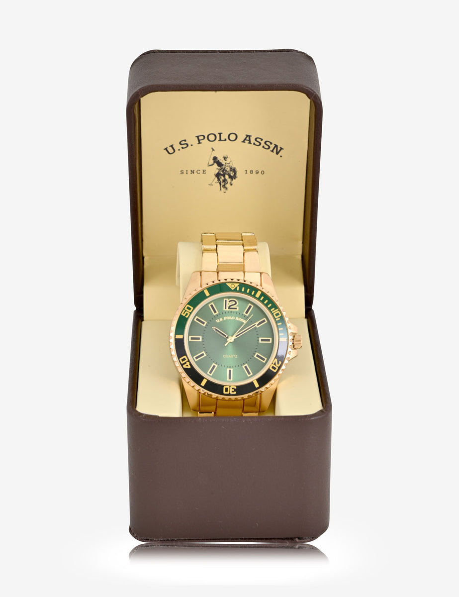 MEN'S GOLDTONE AND GREEN SPORT BEZEL ANALOG WATCH– Polo
