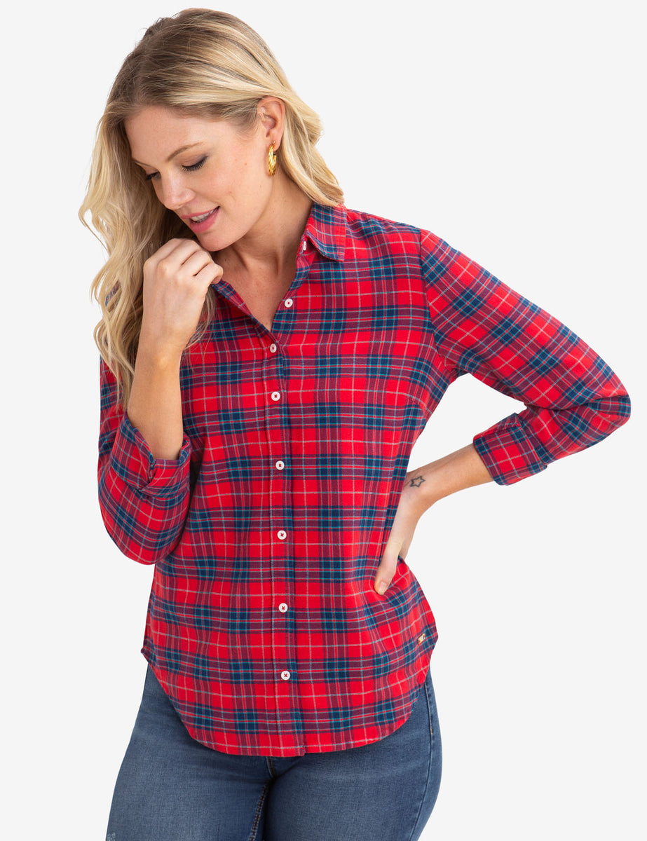 blue and red plaid shirt womens