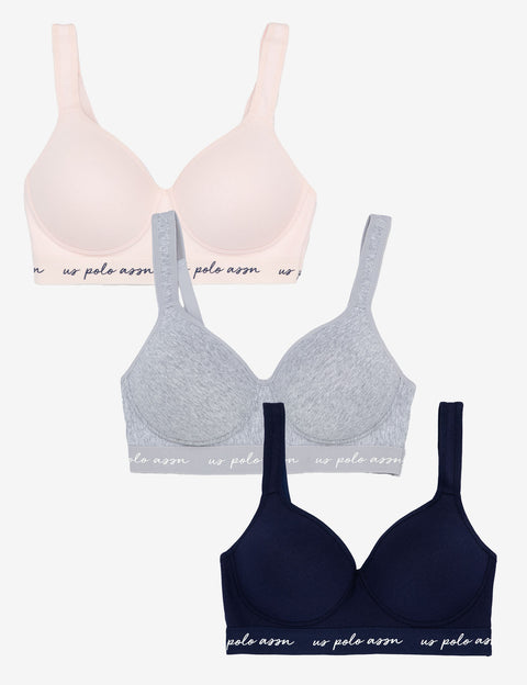 3PK MOLDED CUP CLOSED BACK BRAS WITH ADJUSTABLE STRAPS - U.S. Polo Assn.