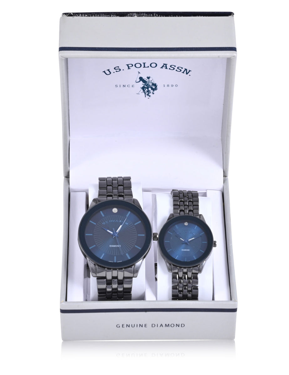 HIS AND HERS GUNMETAL BLUE DIAMOND DIAL WATCH SET– Polo