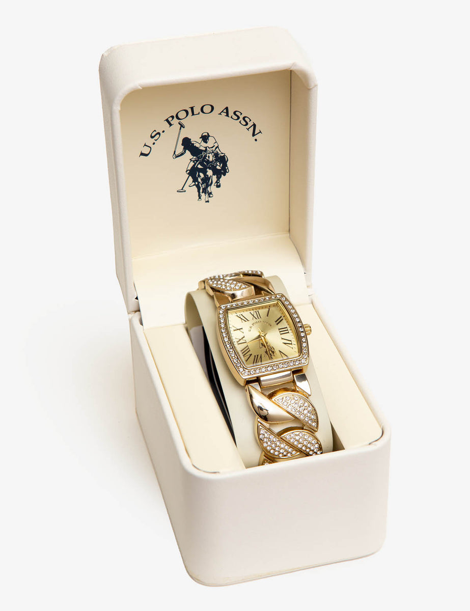 LADIES GOLD EMBELLISHED SQUARE CHAIN WATCH– U.S. Polo Assn display picture 2