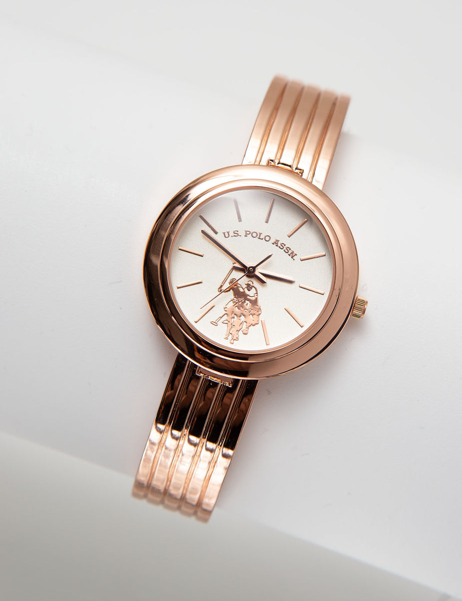 LADIES RIBBED ROSE GOLDTONE BANGLE WATCH– U.S. Polo Assn display picture 1