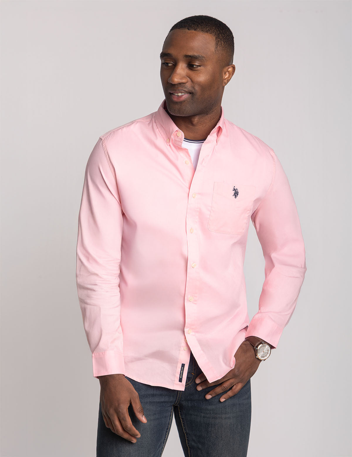 U.S. Polo Assn. - Mens Solid Stretch Poplin Long Sleeve Shirt