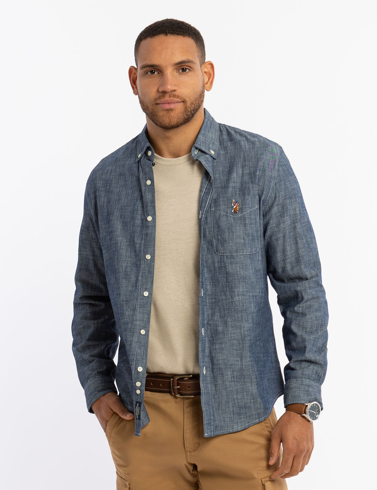 us polo dress shirts INDIGO SLUB CHAMBRAY LONG SLEEVE SHIRT– U.S. Assn Anpoket,Plus Size Blue Floral Color:Patina Green Long Sleeve Peached Jersey sizing:3.7.XS/S