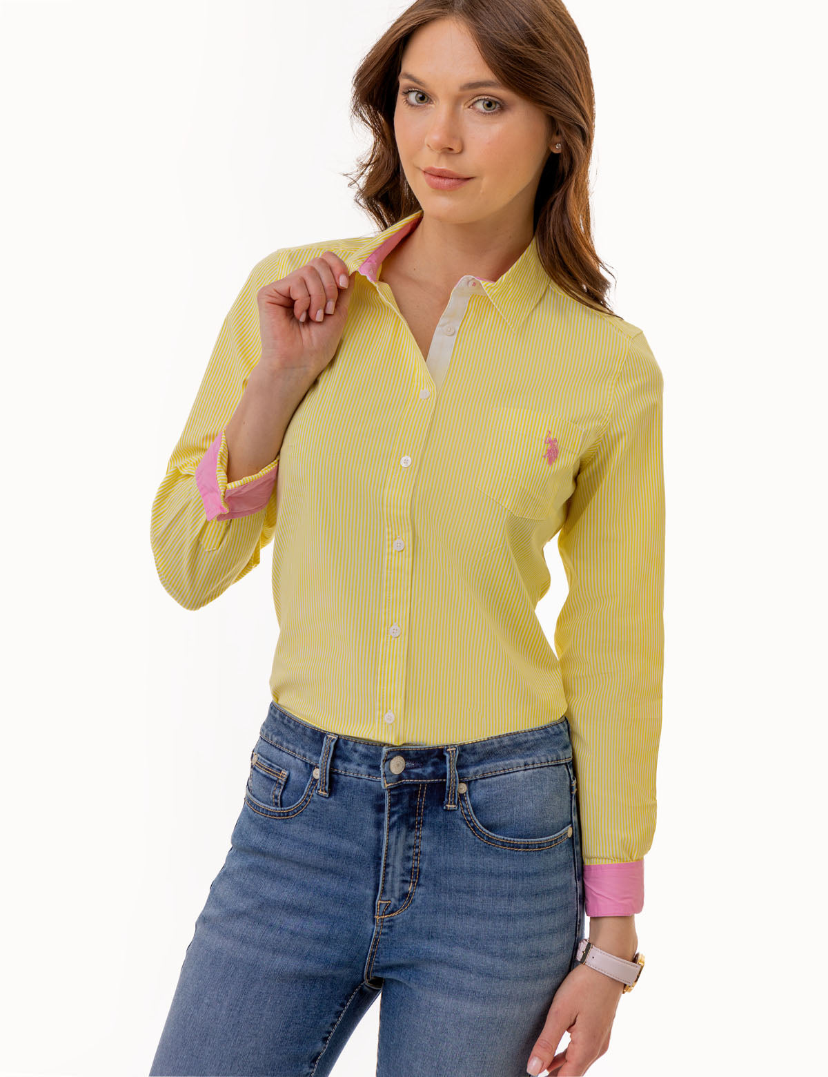 POL Printed Button Down Long Sleeve Exposed Seam Shirt