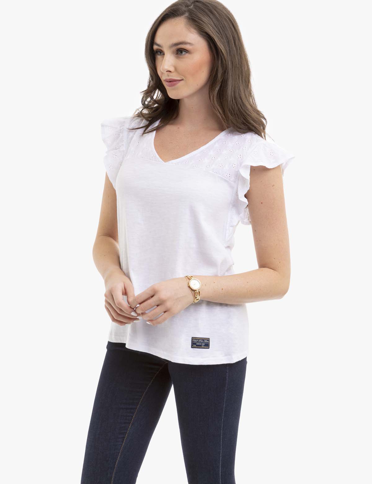 Eyelet Notched Flutter Sleeve T-Shirt