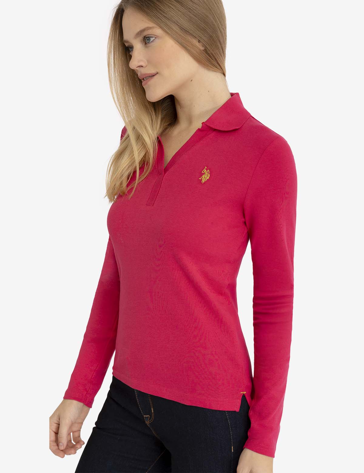 DS  Black Intertwined Print Peach Half Neck Long Sleeve Polo Shirt