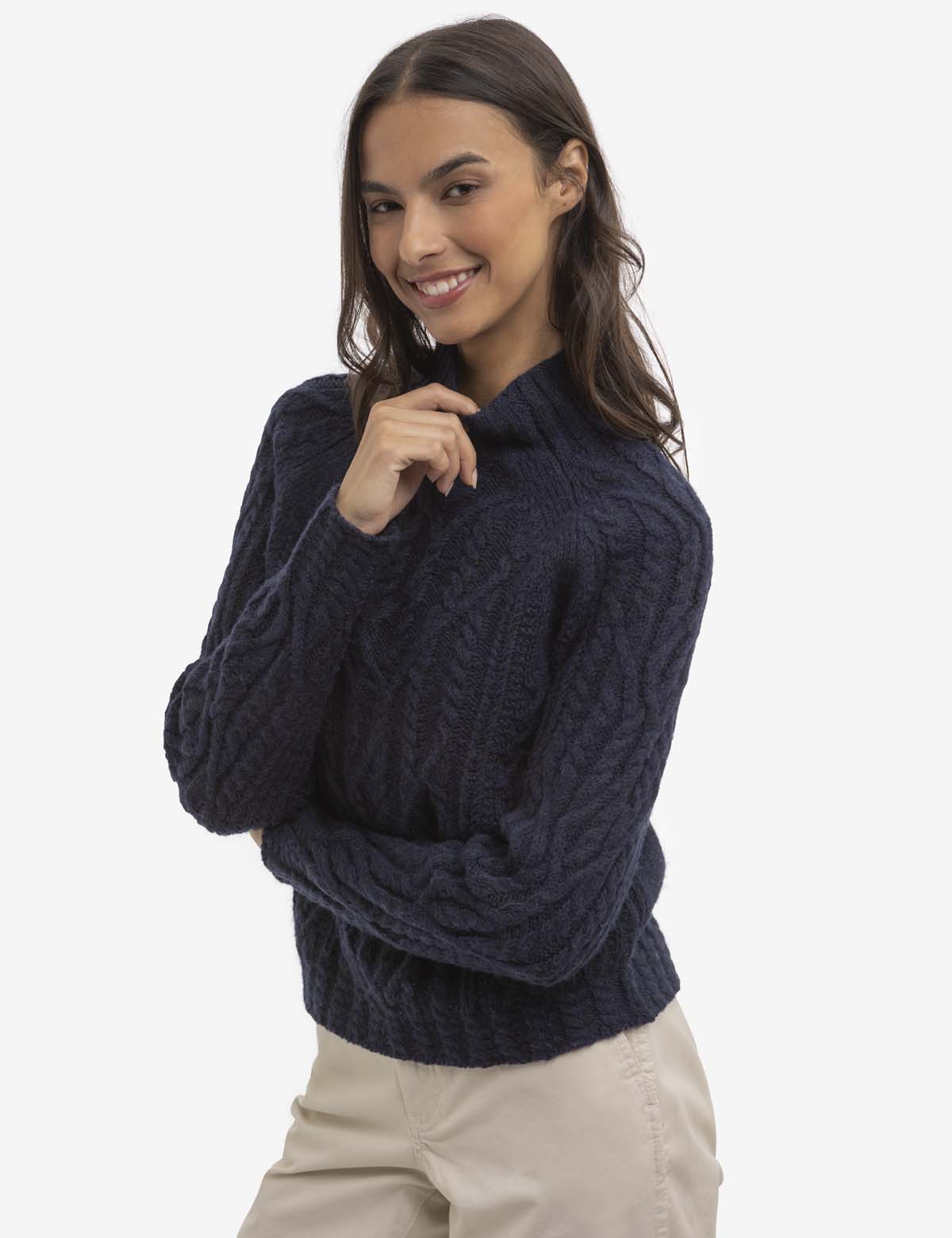 POL Teal Mock Neck Bubble Sleeve Cable Knit Sweater