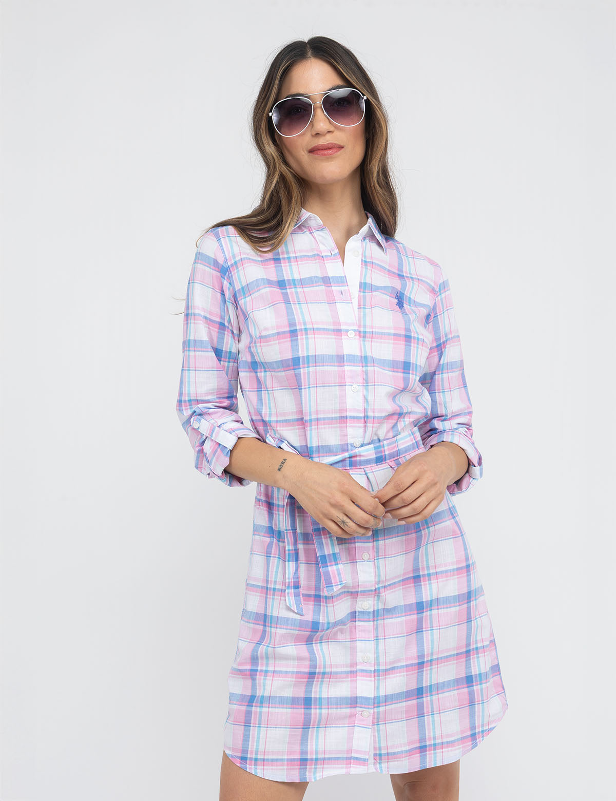 LONG Sleeve Plaid Shirt Dress Pink Blue / M