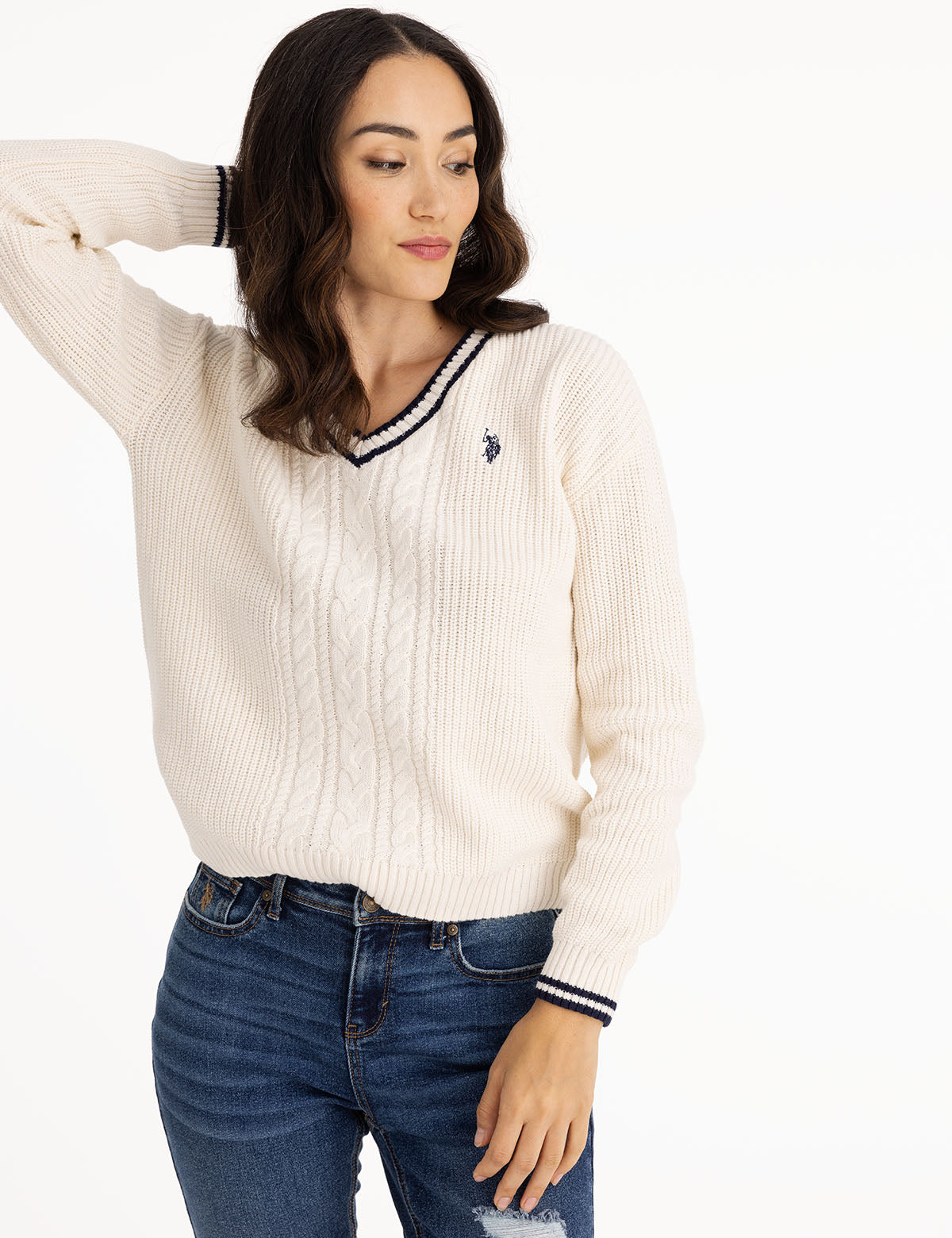 TIPPED CABLE V-NECK SWEATER– U.S. Polo Assn.
