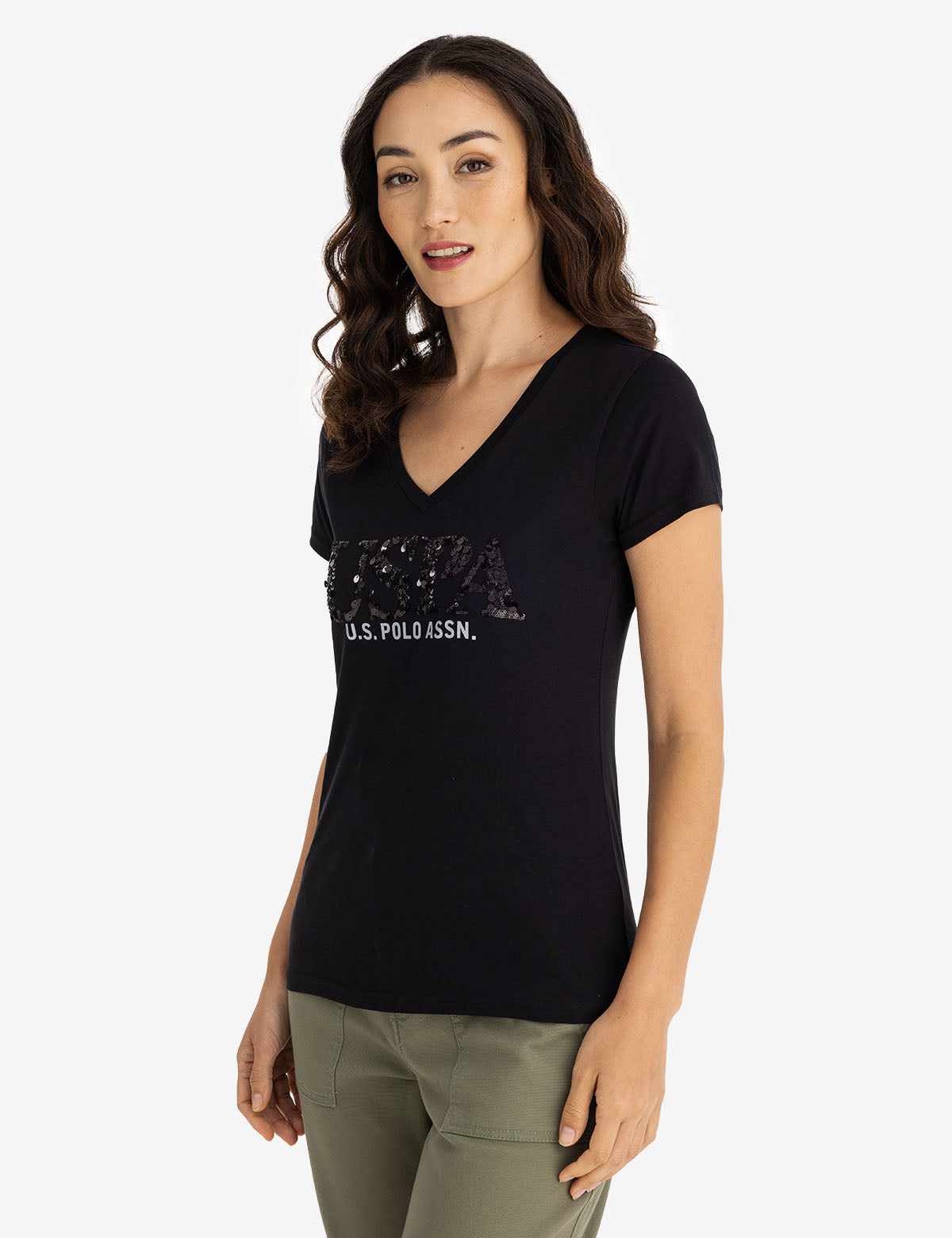MIXED SEQUINS V-NECK JERSEY T-SHIRT– U.S. Polo Assn.
