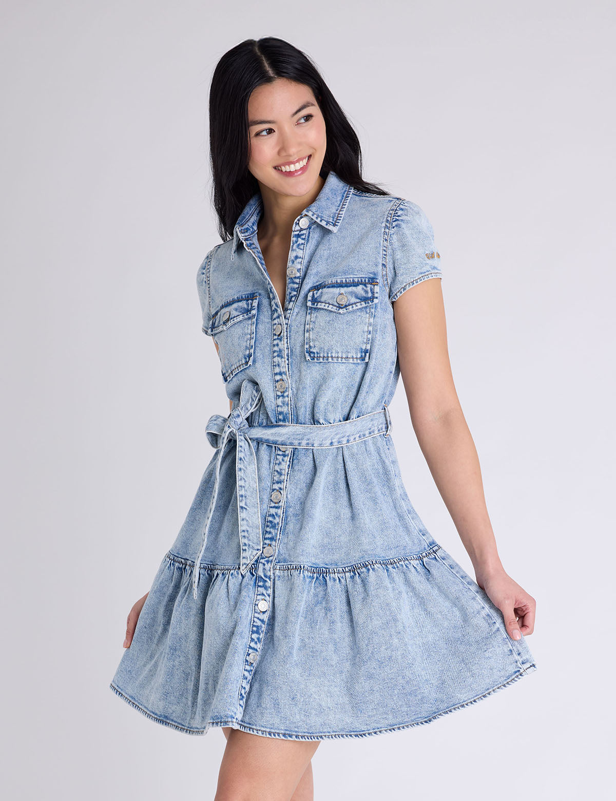 SHORT SLEEVE BELTED PEPLUM DENIM DRESS