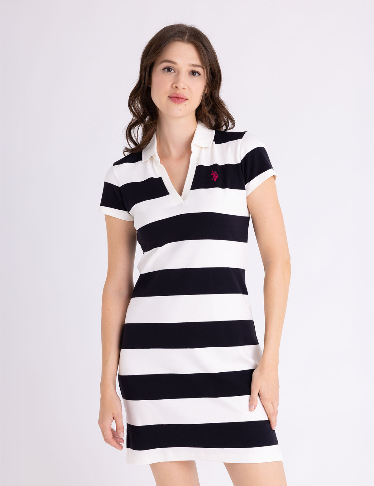 polo shirt dresses for women 7DIAMONDS Women's Core Long Sleeve Dress in Ivory | Size Medium wearing a size Small Y-Placket Rugby Stripe SLIM FIT
