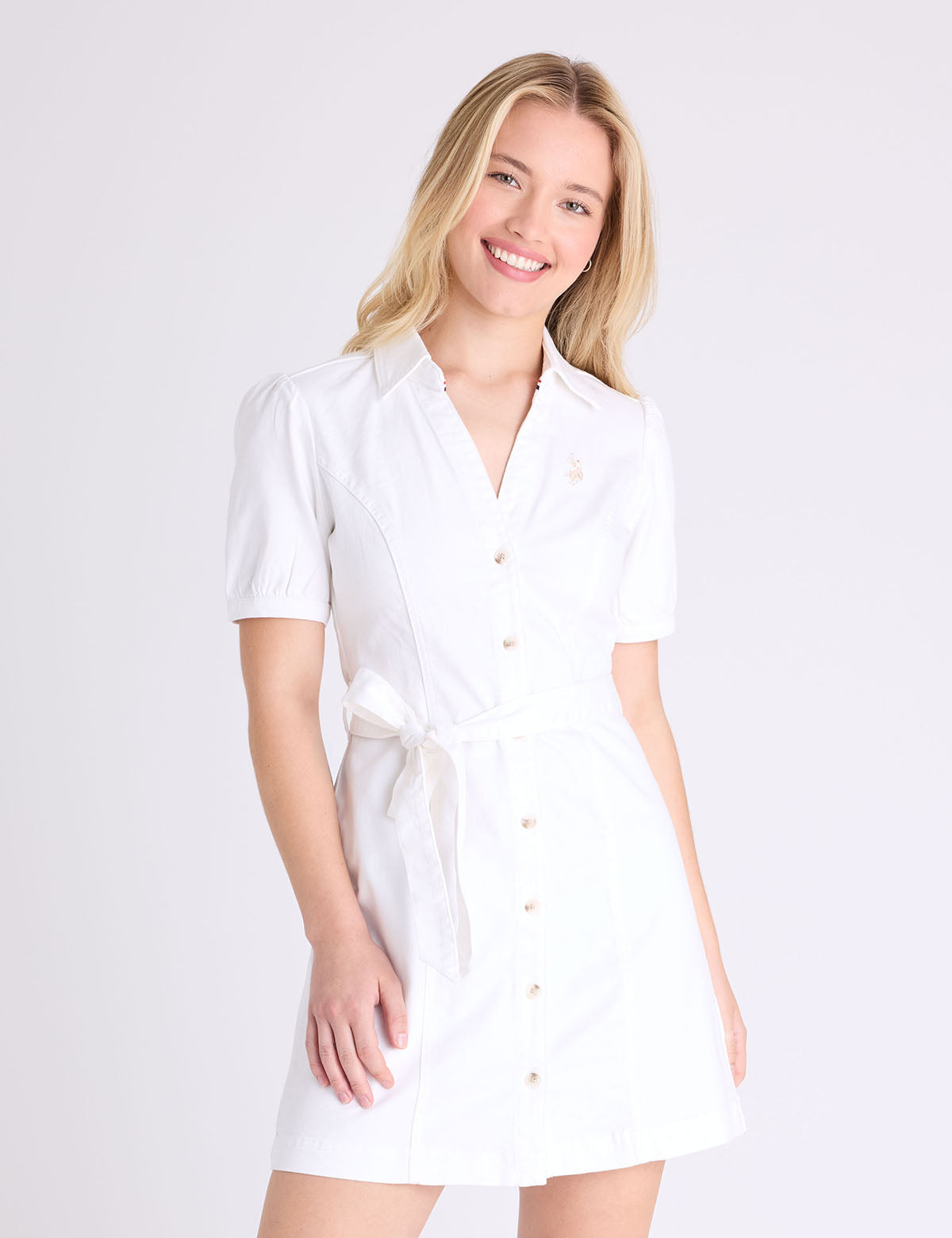 PUFF Sleeve Belted Denim Dress White / L