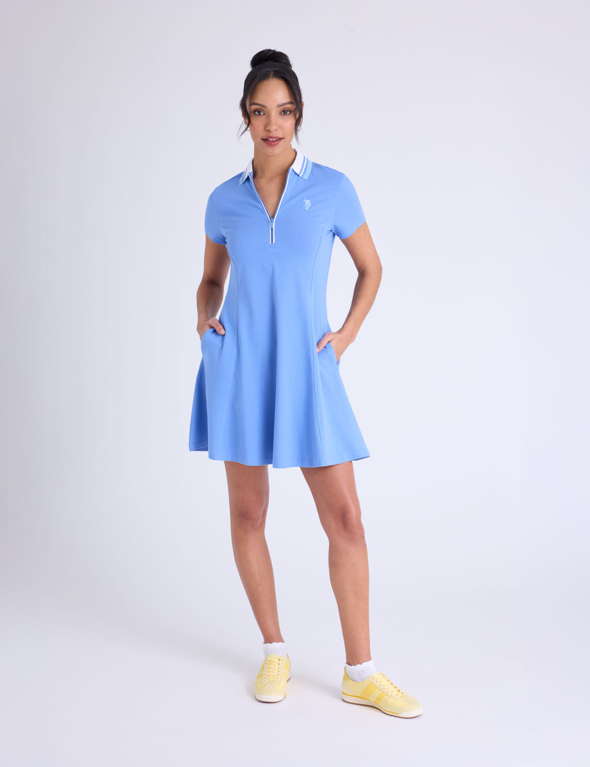 polo shirt dress women RIB KNIT Collar Zipper Placket Swing Dress BLUE NEUTRAL / XS