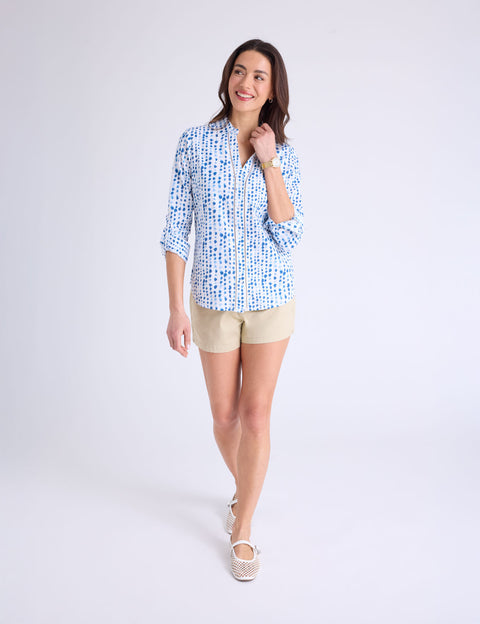 CROCHET TRIM PRINTED LINEN LONG SLEEVE SHIRT - U.S. Polo Assn.