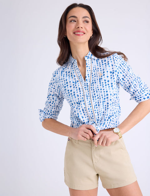 CROCHET TRIM PRINTED LINEN LONG SLEEVE SHIRT - U.S. Polo Assn.