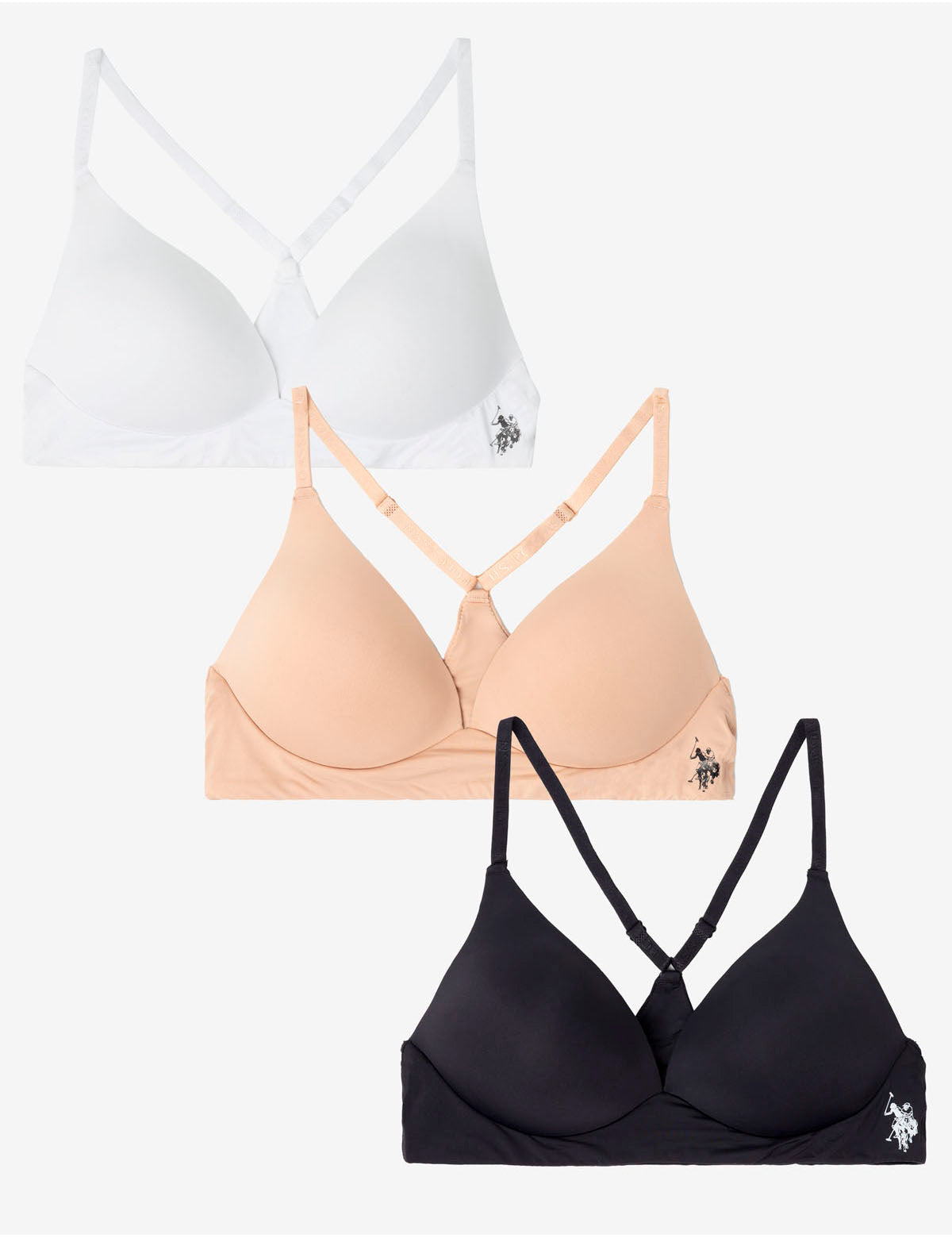 3PK ASSORTED WIRE FREE BRAS WITH ADJUSTABLE STRAPS– U.S. Polo Assn.