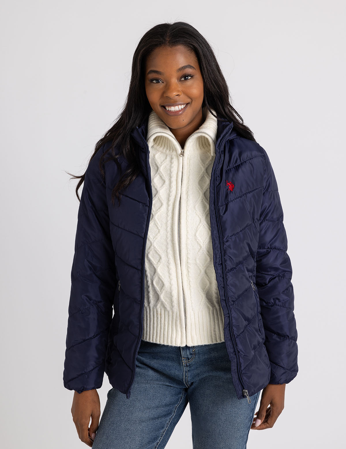 Long Double Zip Chevron Quilted Parka Jacket - Black