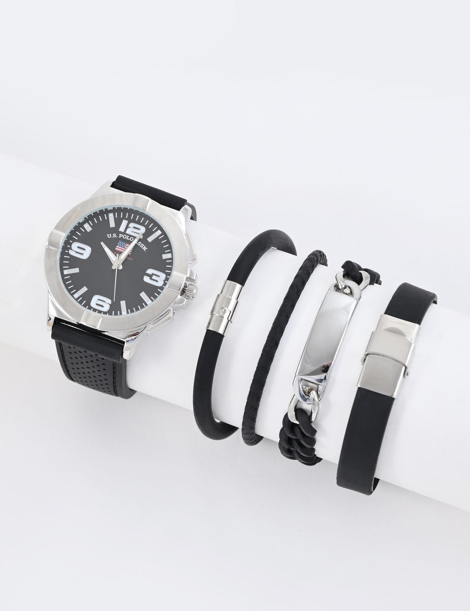 MEN'S BLACK WATCH AND STACKABLE BRACELETS SET– U.S. Polo Assn.