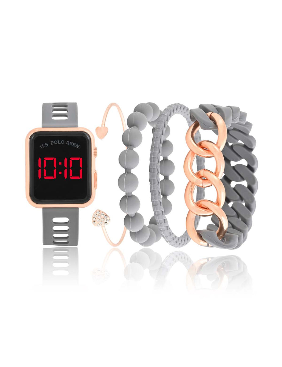 LADIES LED SQUARE FACE WATCH & STACKABLE BRACELETS SET– U.S. Polo Assn.