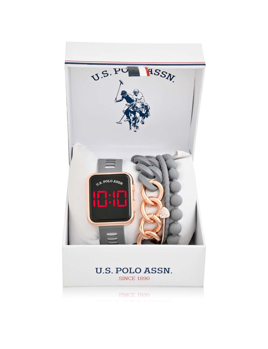 LADIES LED SQUARE FACE WATCH & STACKABLE BRACELETS SET– U.S. Polo Assn.