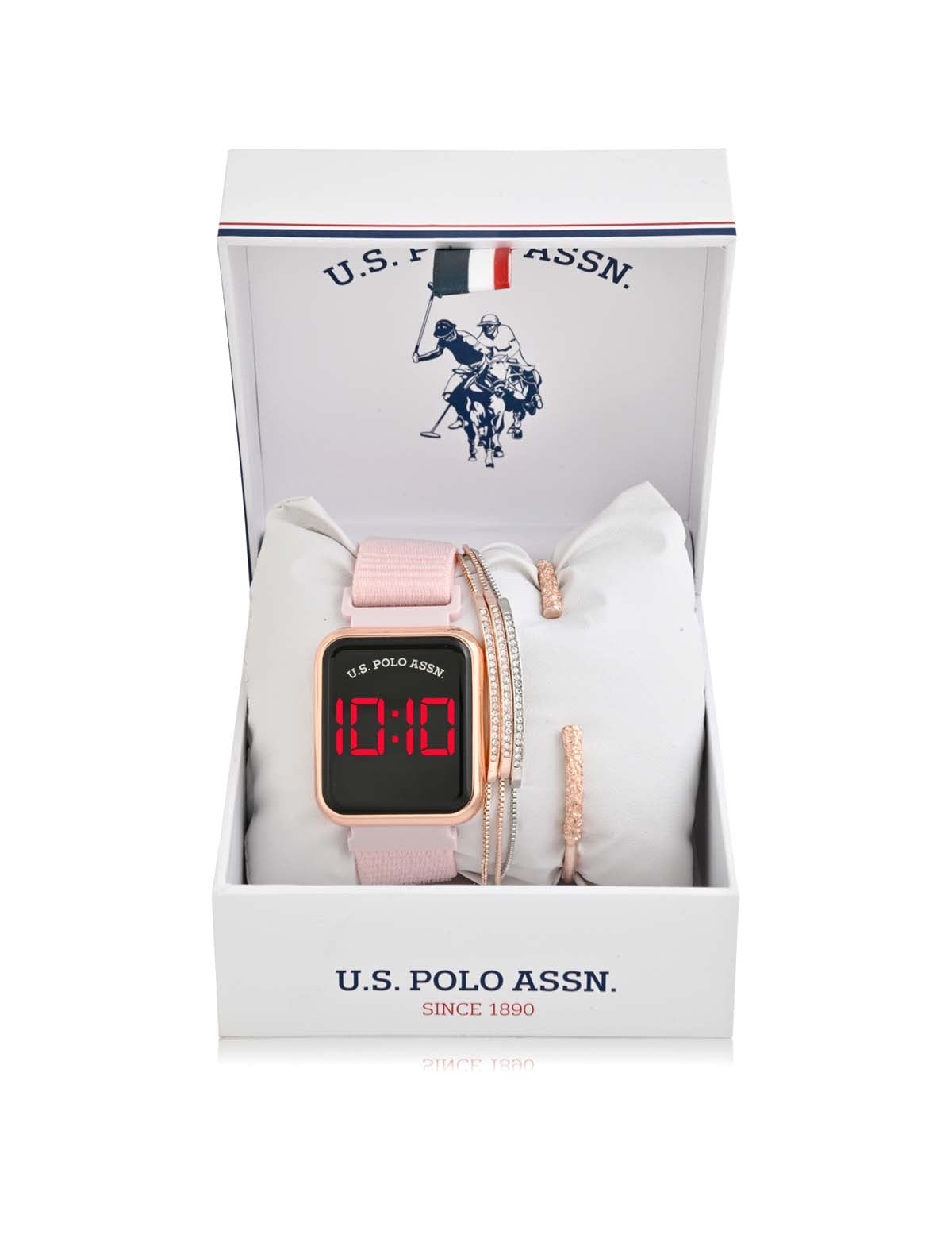 LADIES LED SQUARE FACE WATCH & STACKABLE BRACELETS SET– U.S. Polo Assn.