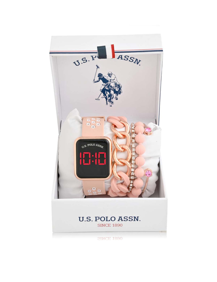 LADIES LED SQUARE FACE WATCH & STACKABLE BRACELETS SET– U.S. Polo Assn.