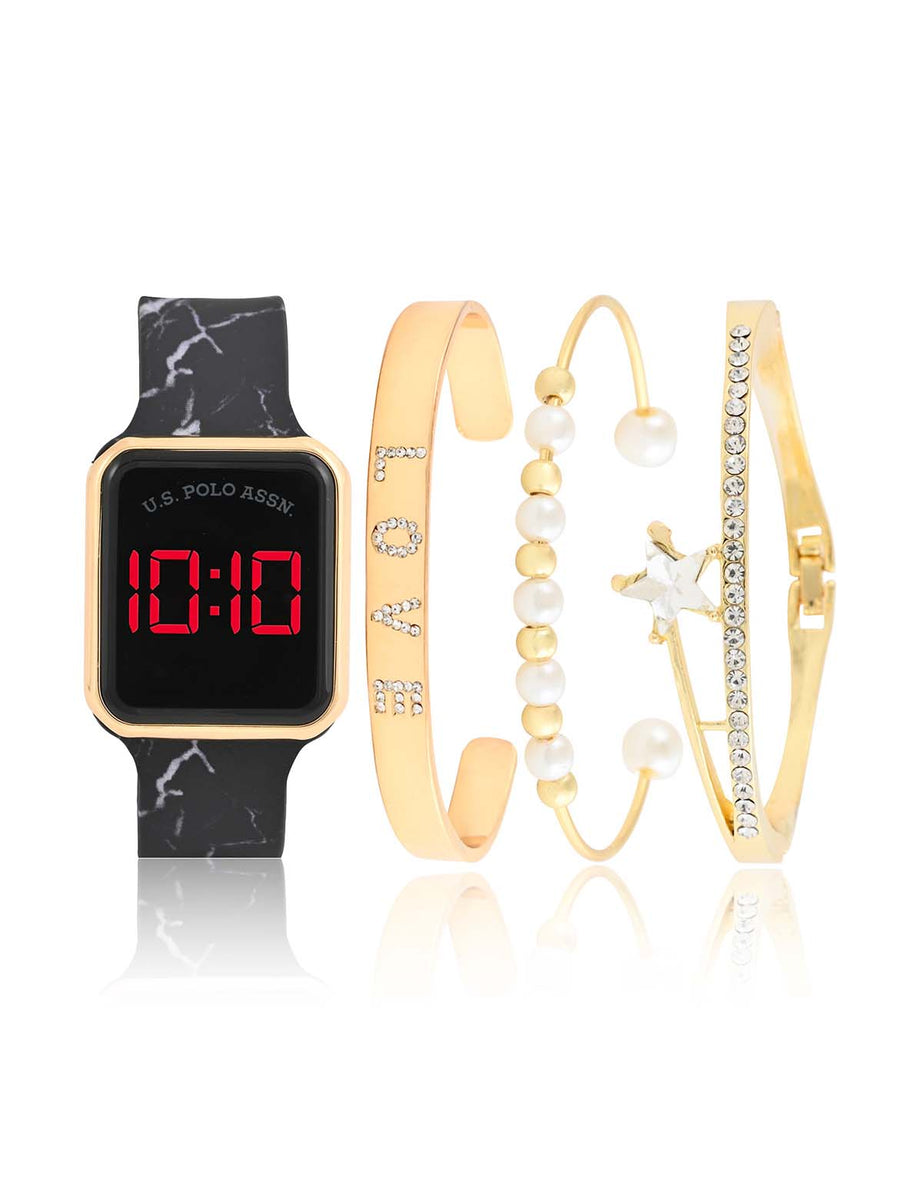 LADIES LED SQUARE FACE WATCH & STACKABLE BRACELETS SET– U.S. Polo Assn.