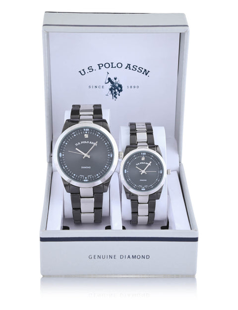 HIS AND HERS SILVER LINK DIAMOND WATCH SET - U.S. Polo Assn.