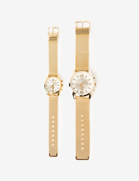 HIS AND HERS GOLD MESH STRAP WATCH SET - U.S. Polo Assn.