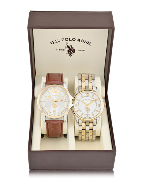 MEN'S BRAECLET AND BROWN STRAP WATCH SET - U.S. Polo Assn.