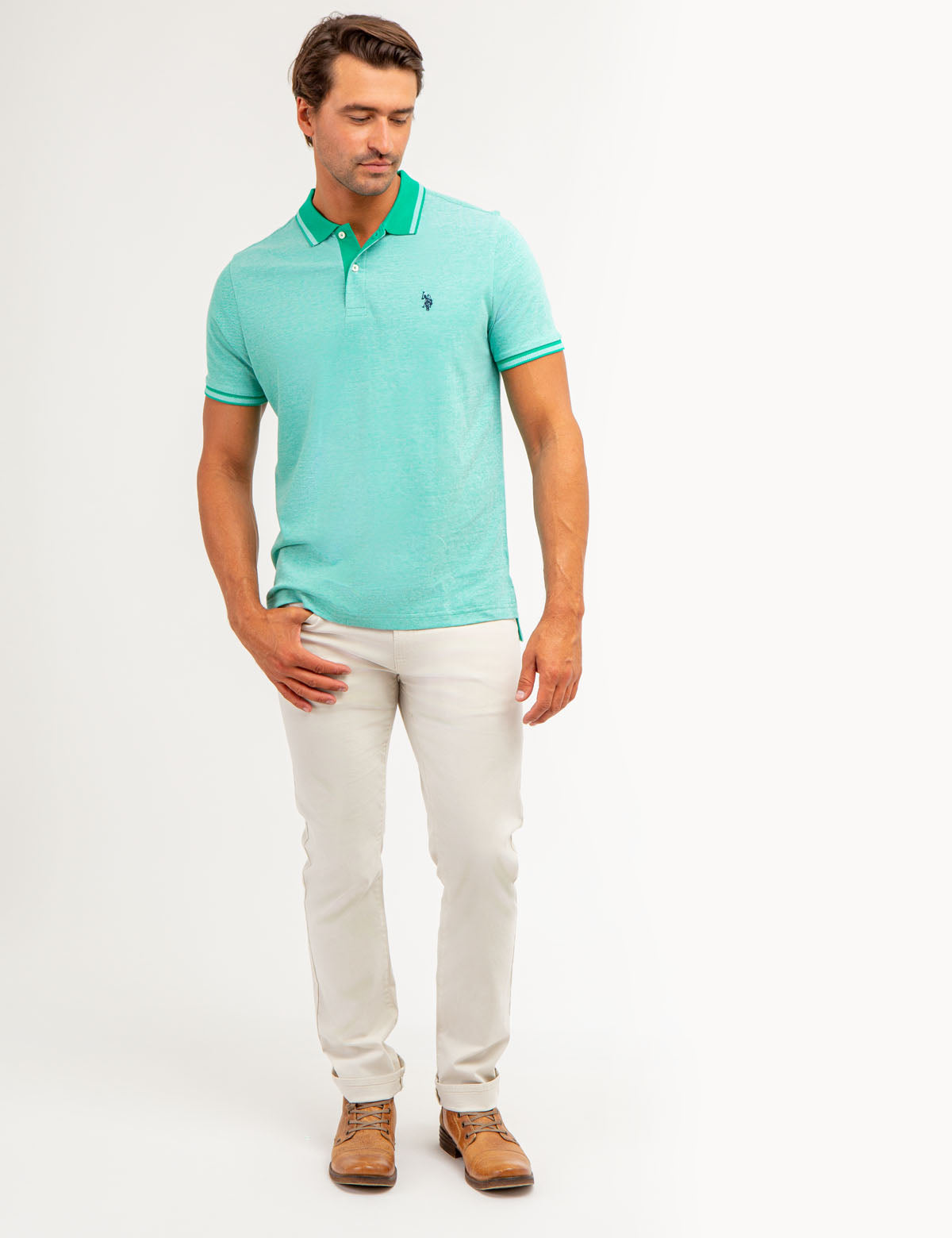 Russell Modern Tartan Crest Birdseye Mesh Polo Shirt