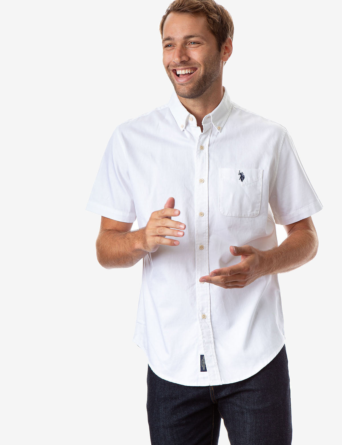 White denim short sleeve hot sale shirt