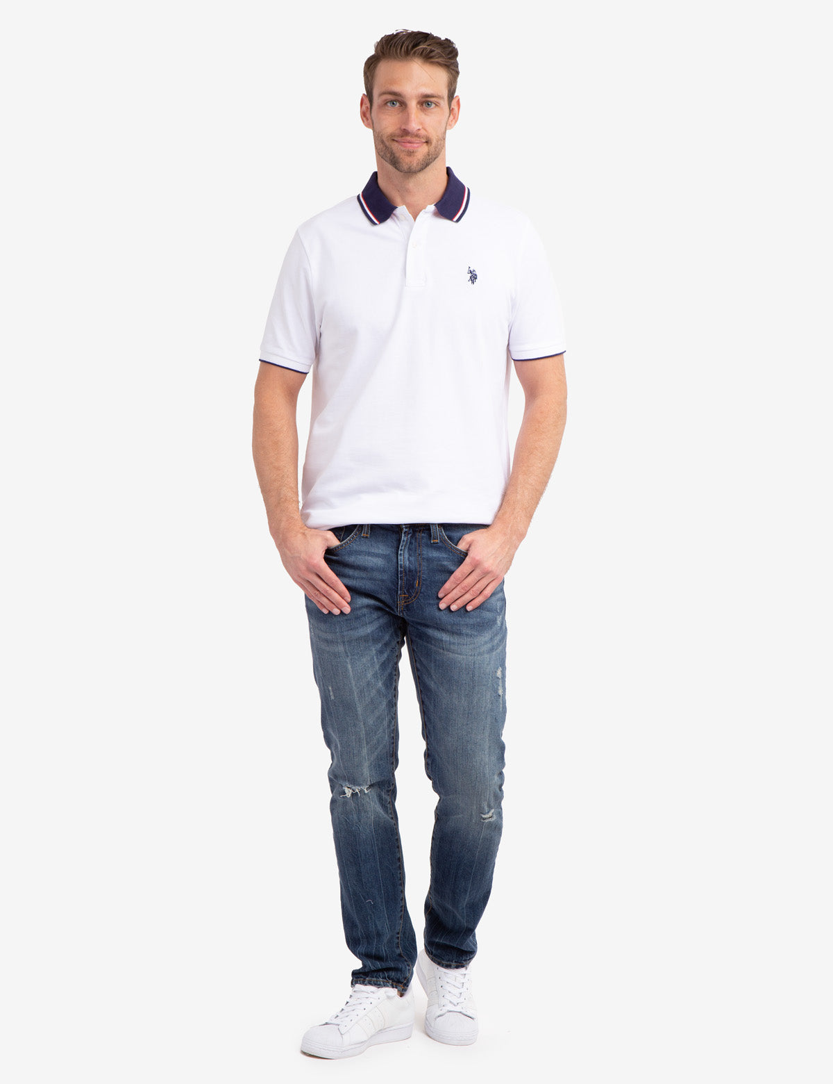 Web stripe-collar piqué polo shirt