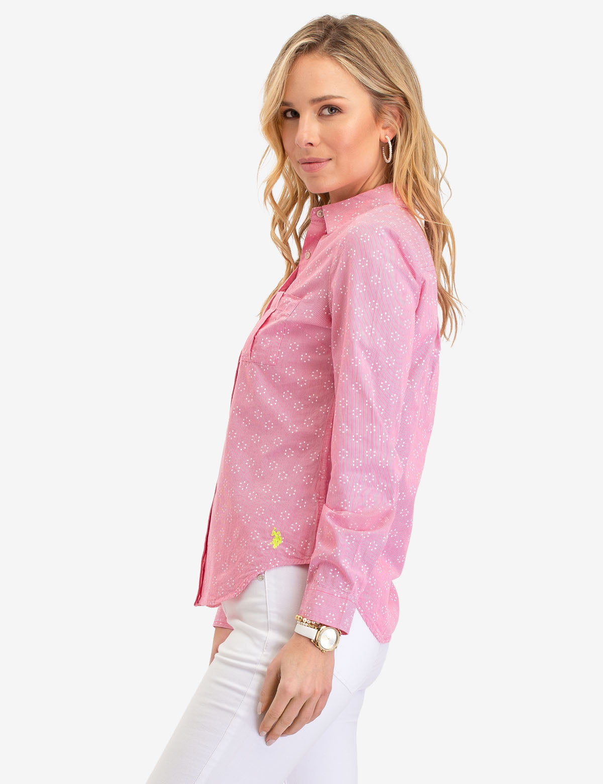 Rhinestone Dot Pinstripe Long Sleeves Pocket Shirt