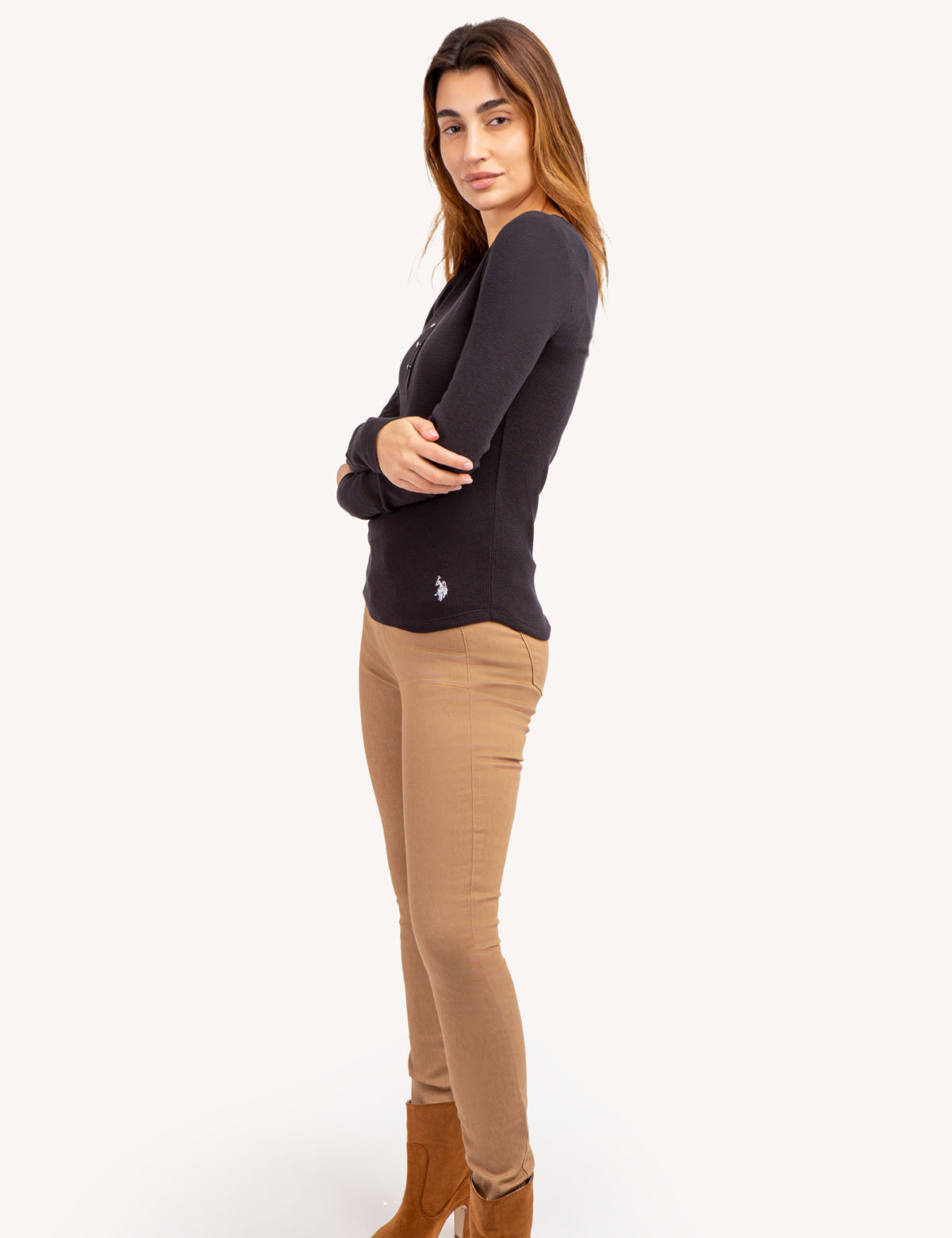 Waffle Knit And Fleece Contrast Henley Top With Button Front