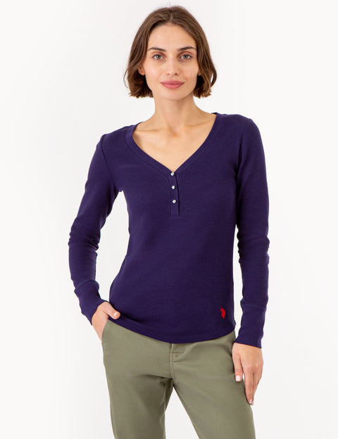 LONG SLEEVE WAFFLE KNIT HENLEY TOP WITH RHINESTONE BUTTONS - U.S. Polo Assn.